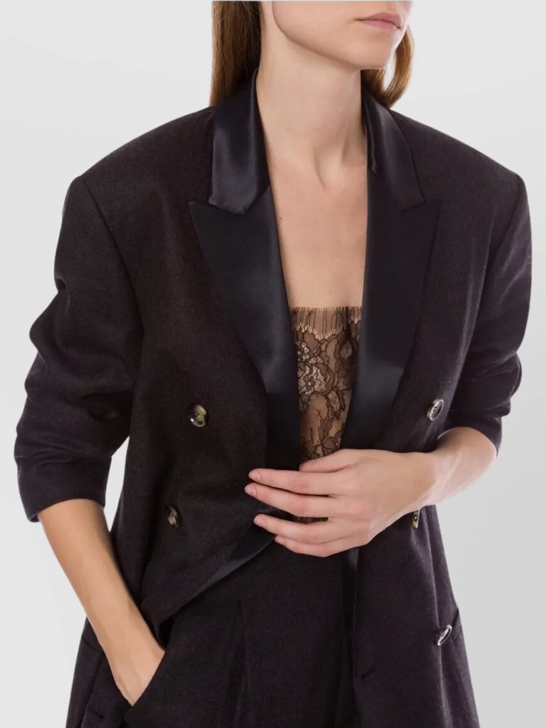 Alberta Ferretti Anthracite Grey Double-breasted Blazer With Peak Lapels In Brown