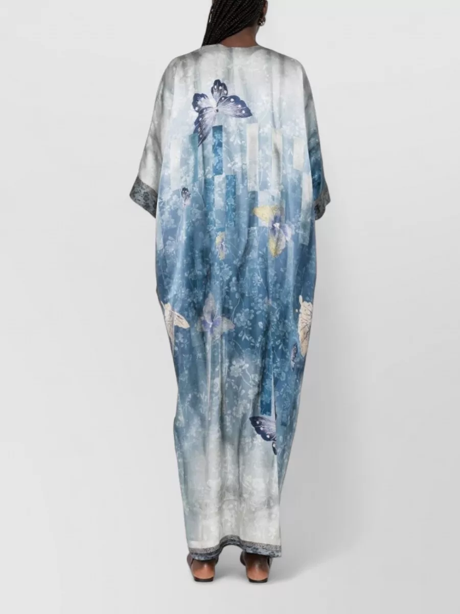 Pierre Louise Mascia Silk Butterfly Print V-Neck Short-Sleeve Maxi Dress