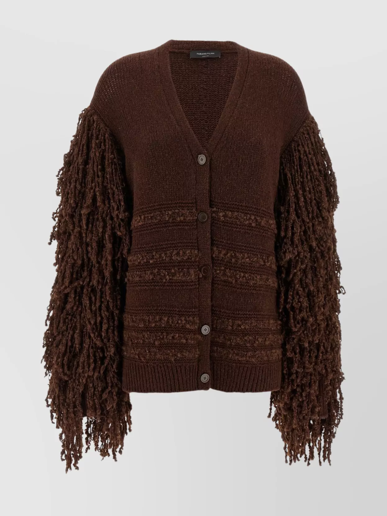 Fabiana Filippi Fringed Knit Cardigan Ribbed Hem In Brown