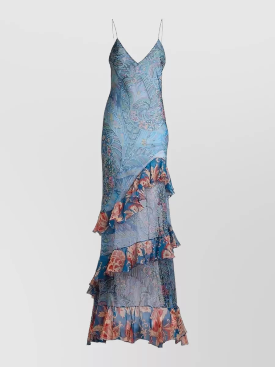 Etro Silk Floral-Print Ruffled Spaghetti-Strap V-Neck Maxi Dress