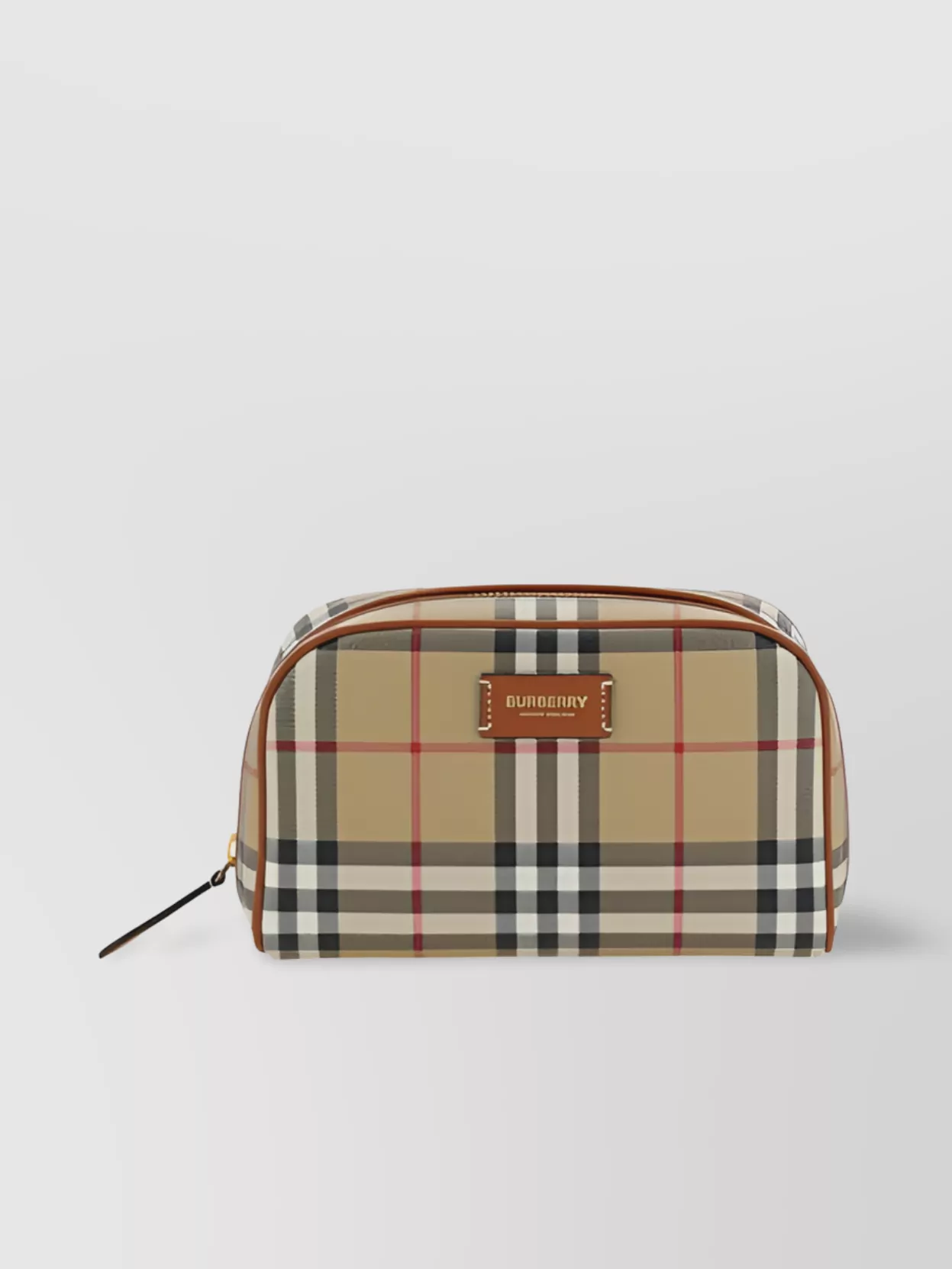 Shop Burberry Check Pattern Leather Trim Pouch