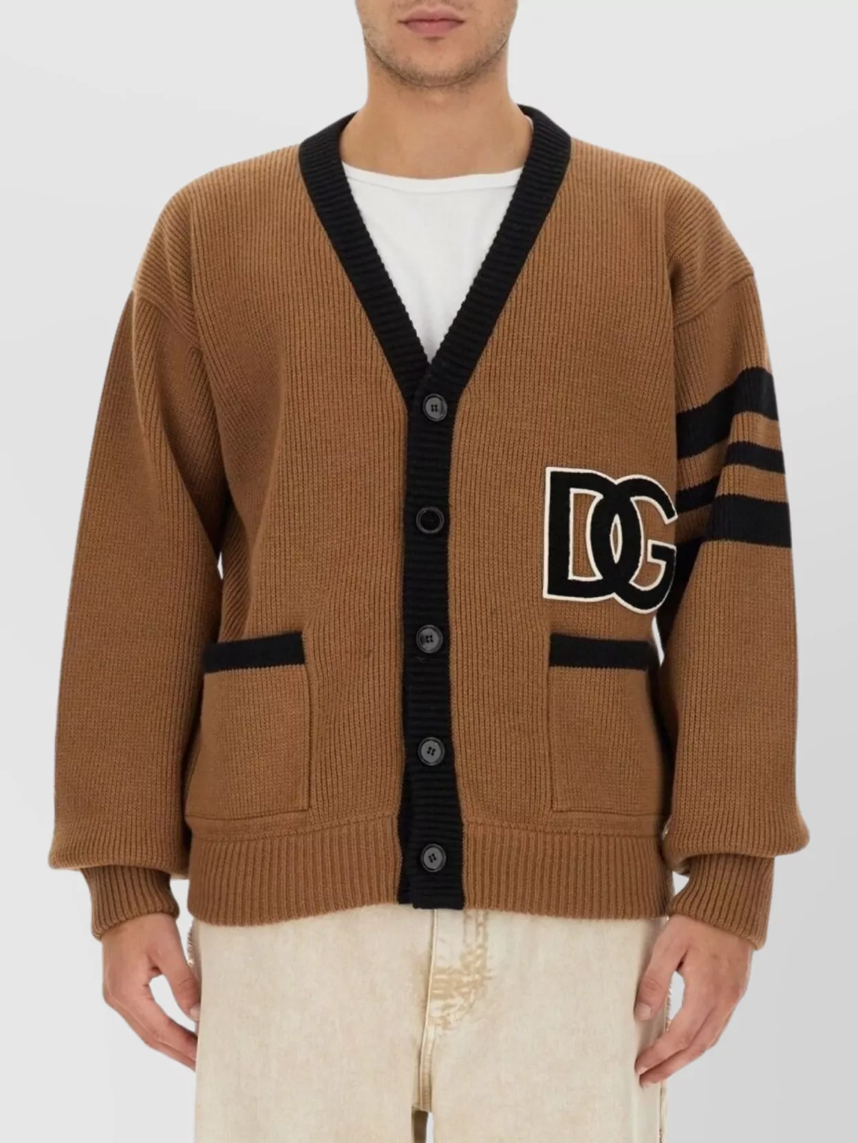 Dolce&Gabbana Ribbed Wool Cardigan Featuring Striped Sleeve