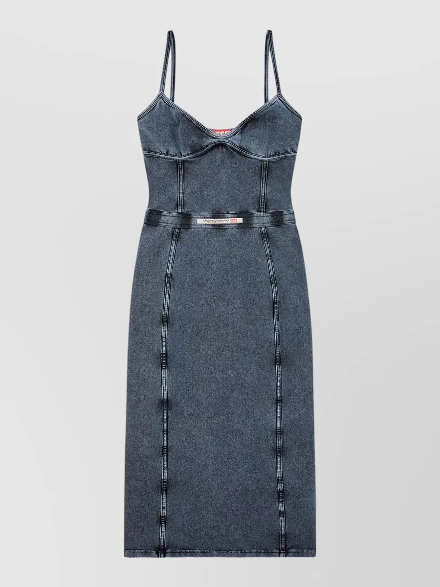 Diesel cotton paneled belted v-neck sleeveless midi dress