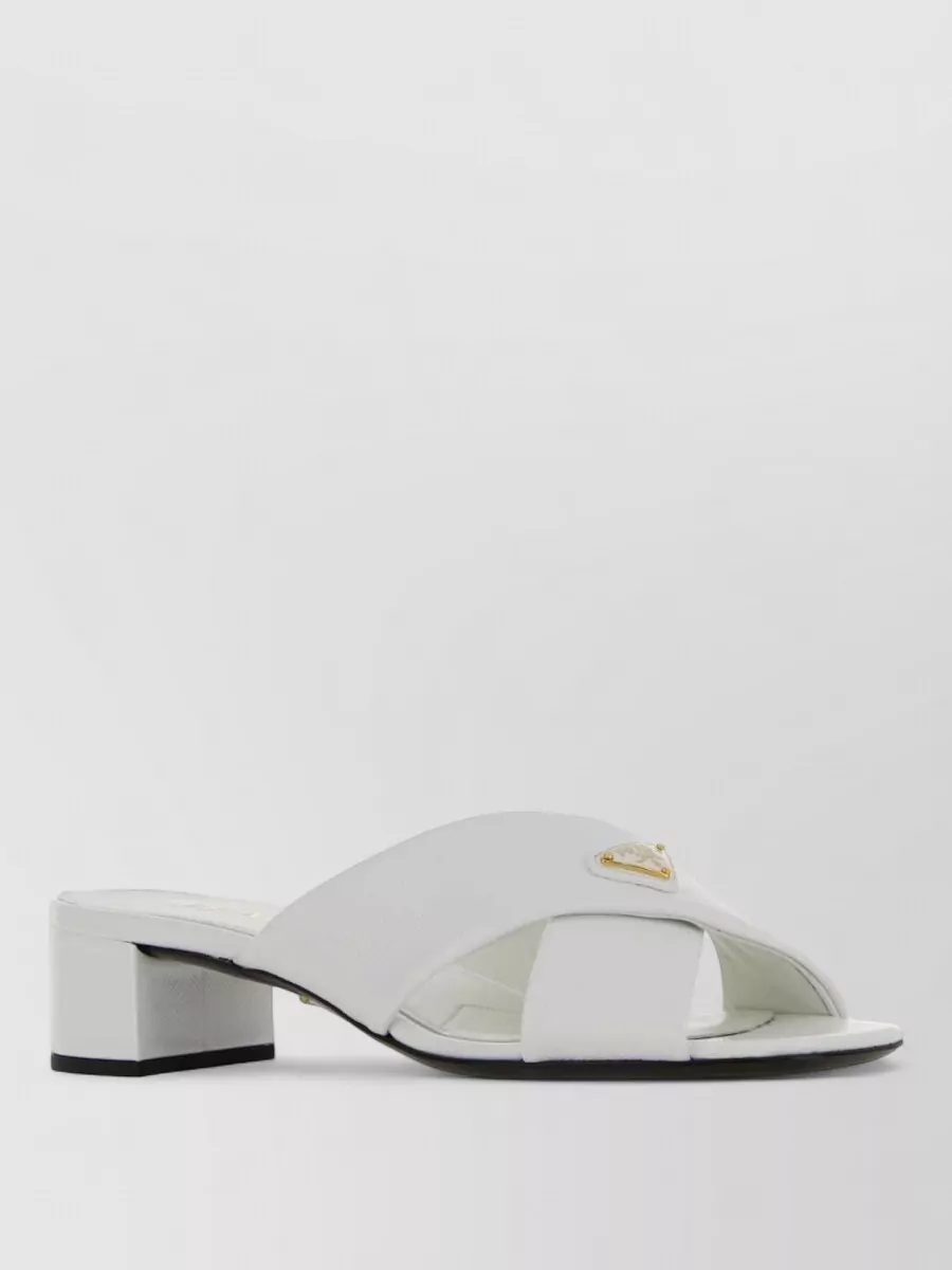 Prada Leather Mules Block Heel Cross Strap Open Toe In White