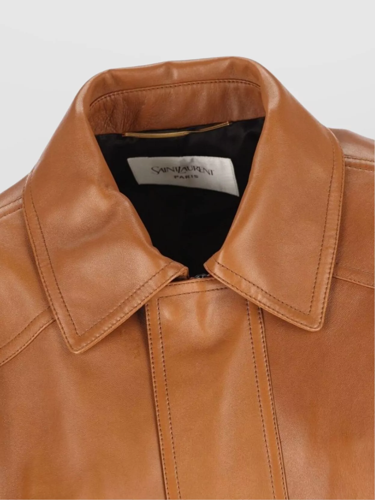 Saint Laurent Leather Jacket With Collared Neck And Elasticated Hem