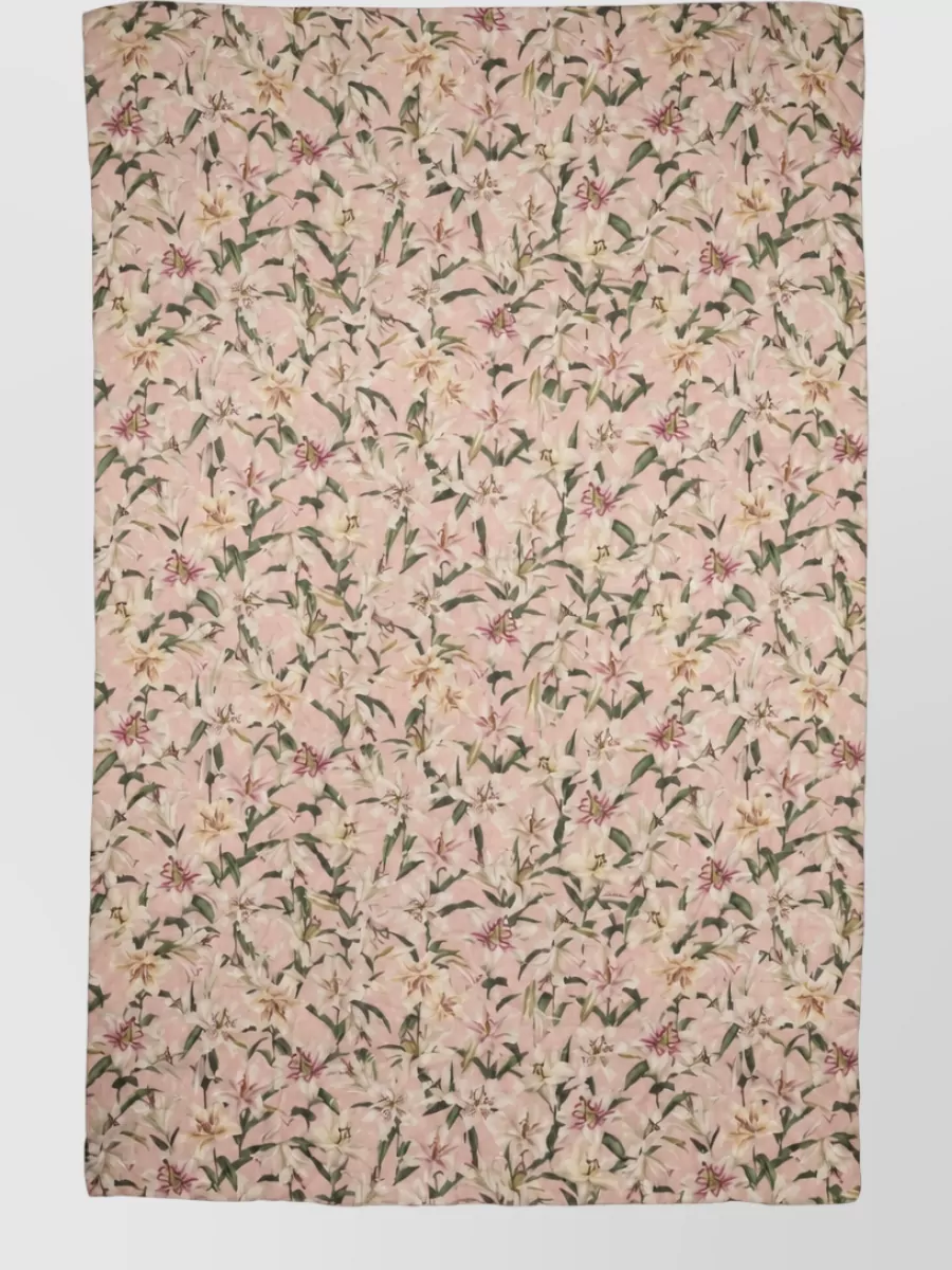 Dolce&Gabbana Silk floral scarf — The blush and ivory floral scarf can be slipped over the shoulders or tied to the tote, softening the palette and echoing the dress’s movement in a very light, romantic layer.