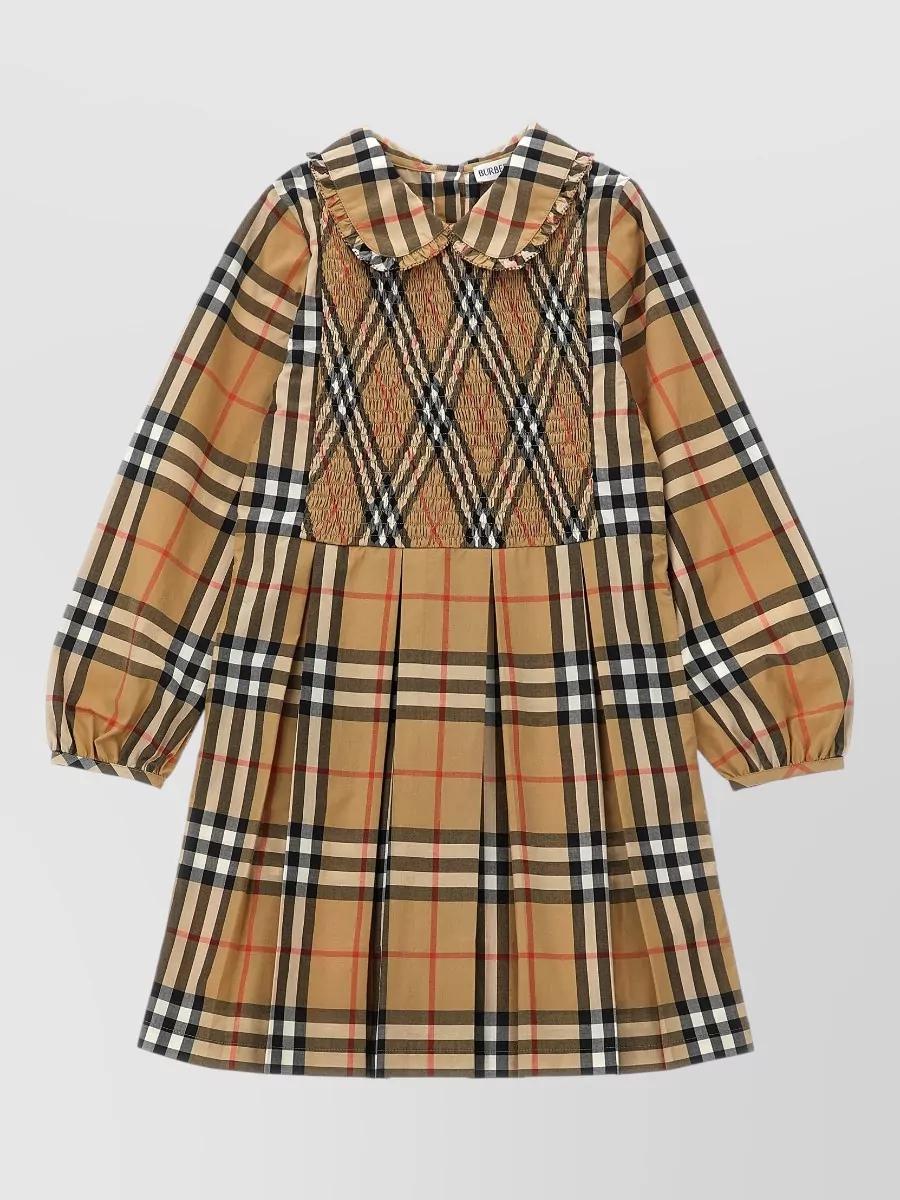 Burberry cotton poplin ruffled collar smocked pleated long-sleeve knee-length dress