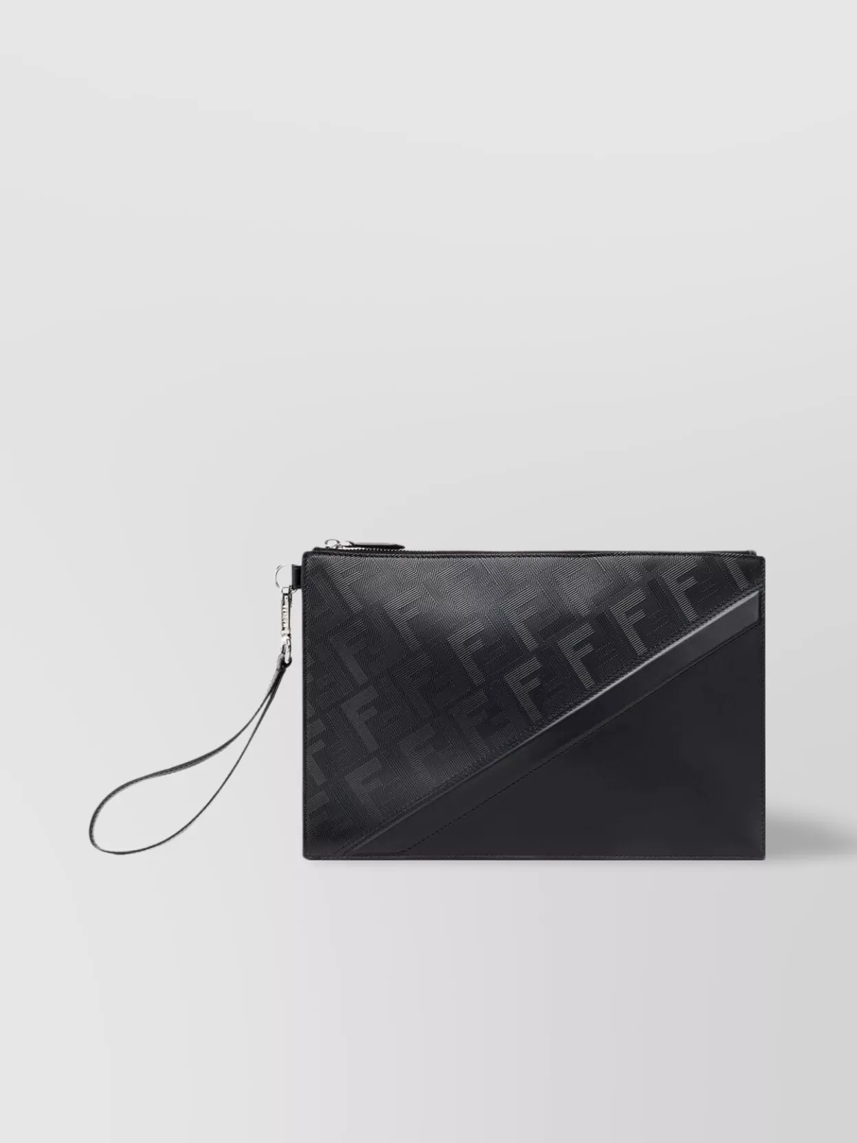 Fendi Diagonal Flat Pouch With Striped Texture And Removable Handle In Black