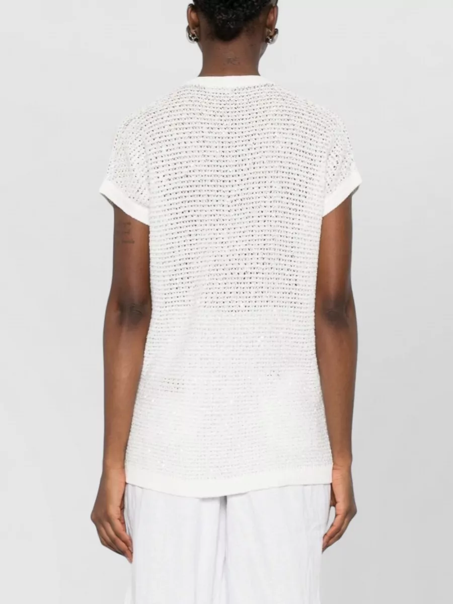 Fabiana Filippi Openwork V-Neck Short-Sleeve Sequin-Embellished Top