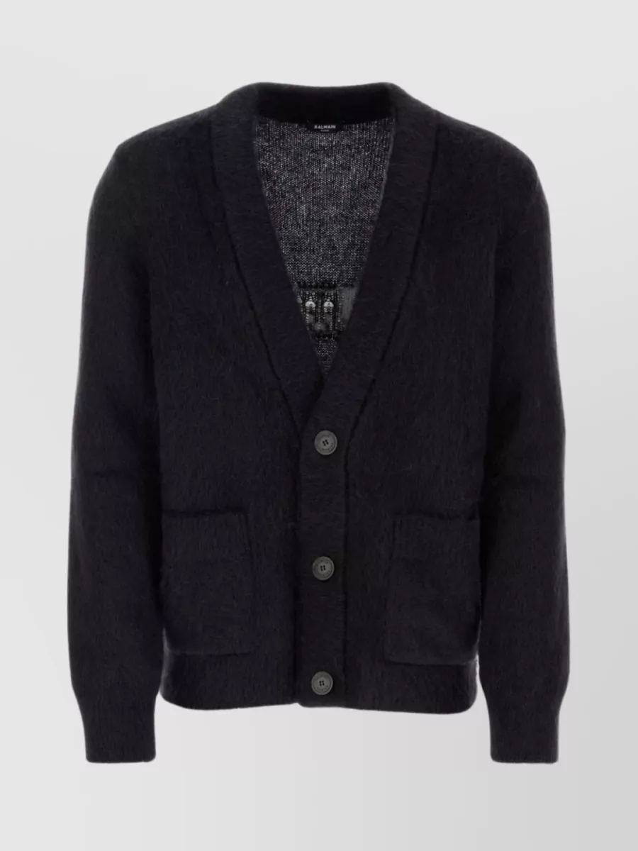 Shop Balmain V-neckline Cardigan With Patch Pockets In Black
