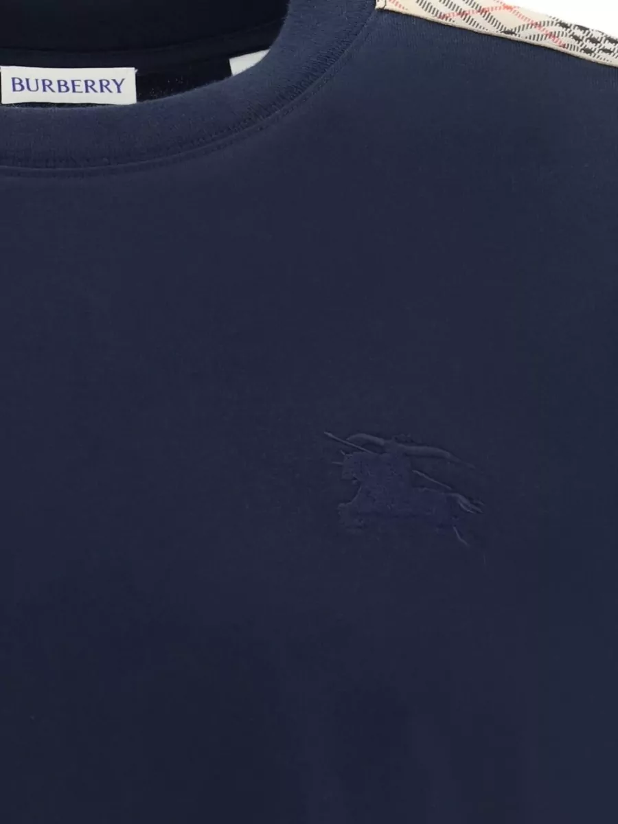 Burberry Check Stripe Cotton T Shirt Crew Neck