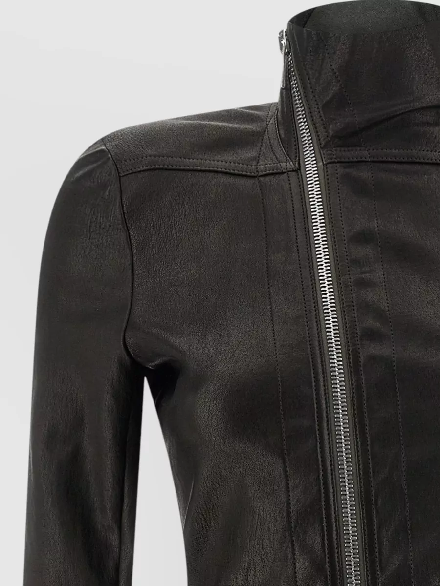 Rick Owens Leather High-Neck Asymmetric-Zip Jacket