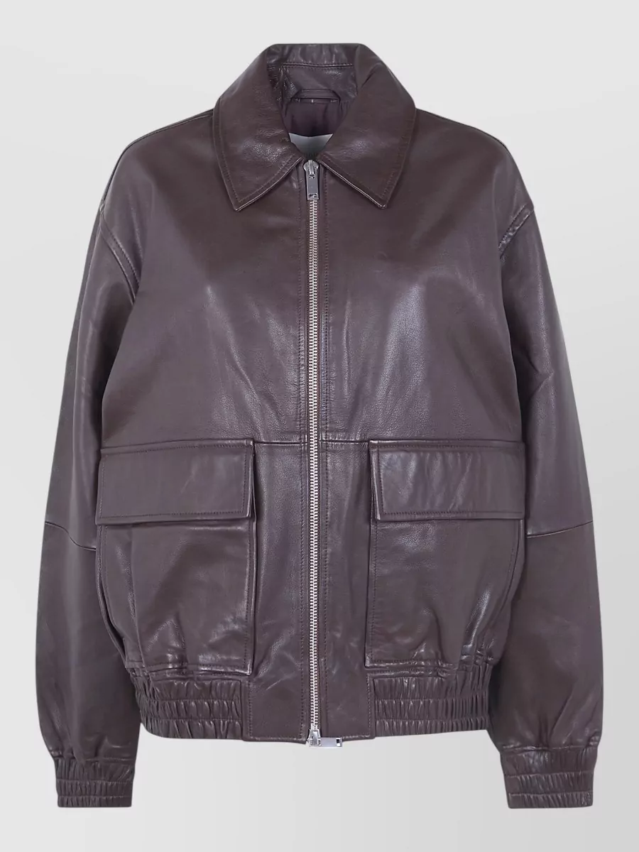 Studio Nicholson Piston Leather Bomber Jacket Collared Hem In Brown