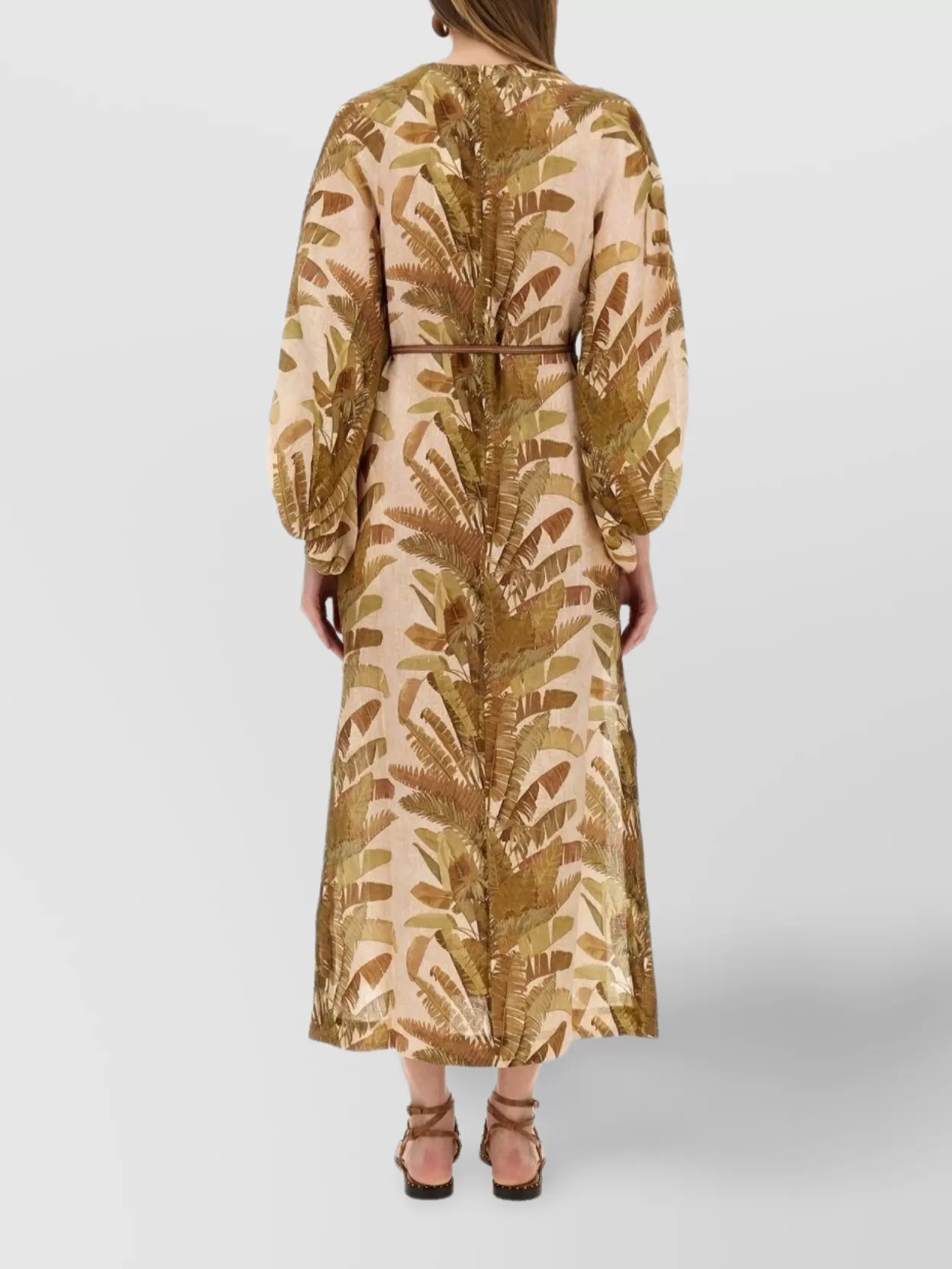 Zimmermann Botanical Print Midi Dress With Belted Waist In Brown