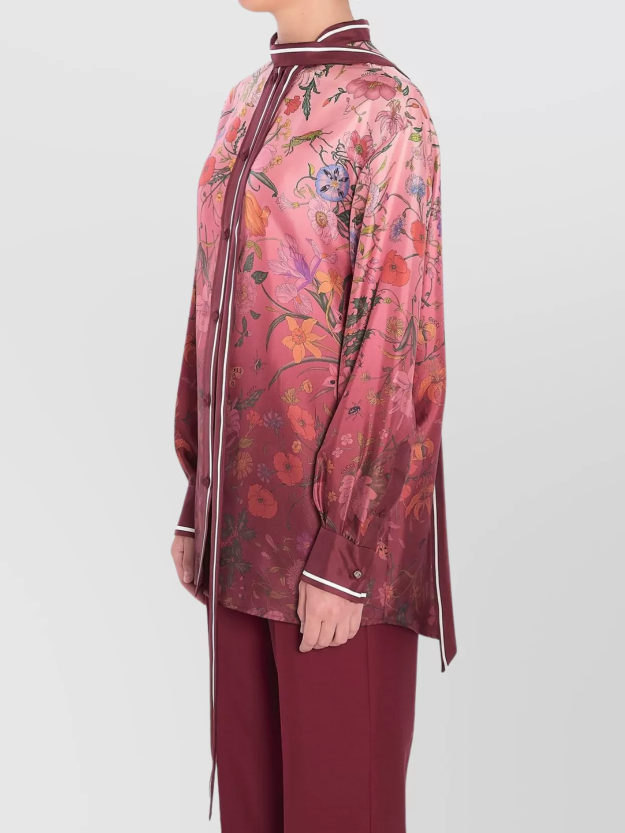 Gucci Silk Shirt With Flora Print And Tie Bow In Brown