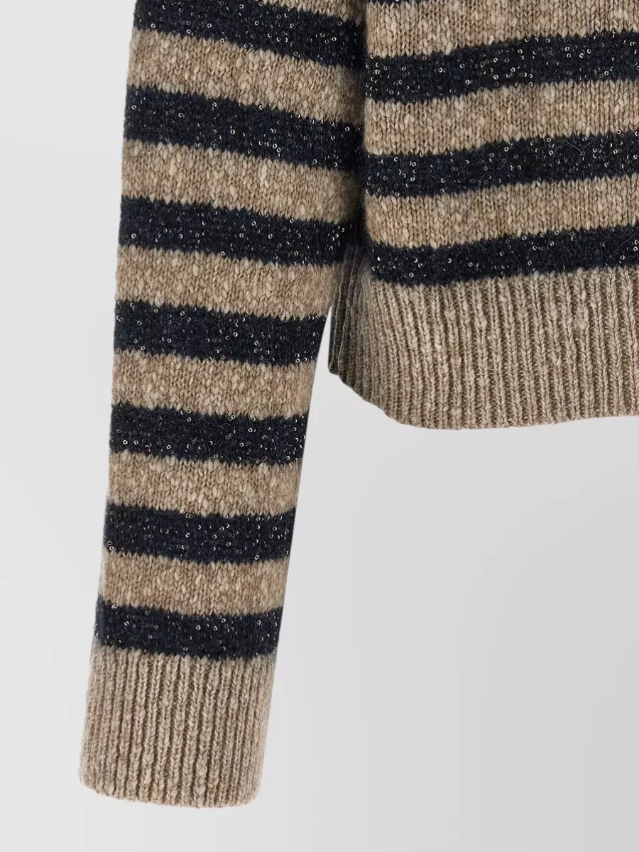 Brunello Cucinelli Wool Cashmere Striped High Neck Cropped Sweater