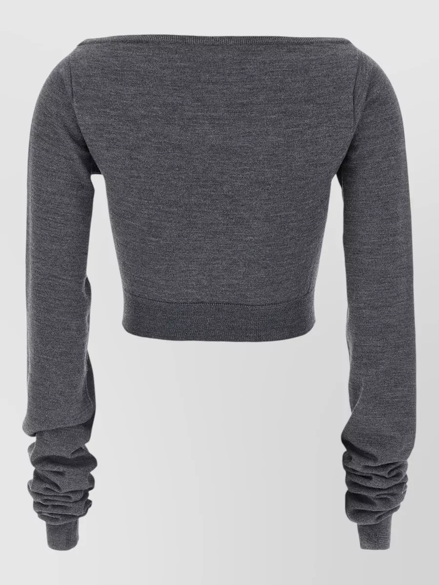 Miu Miu Wool Cropped Boat Neck Long-Sleeve Logo-Intarsia Knitted Top