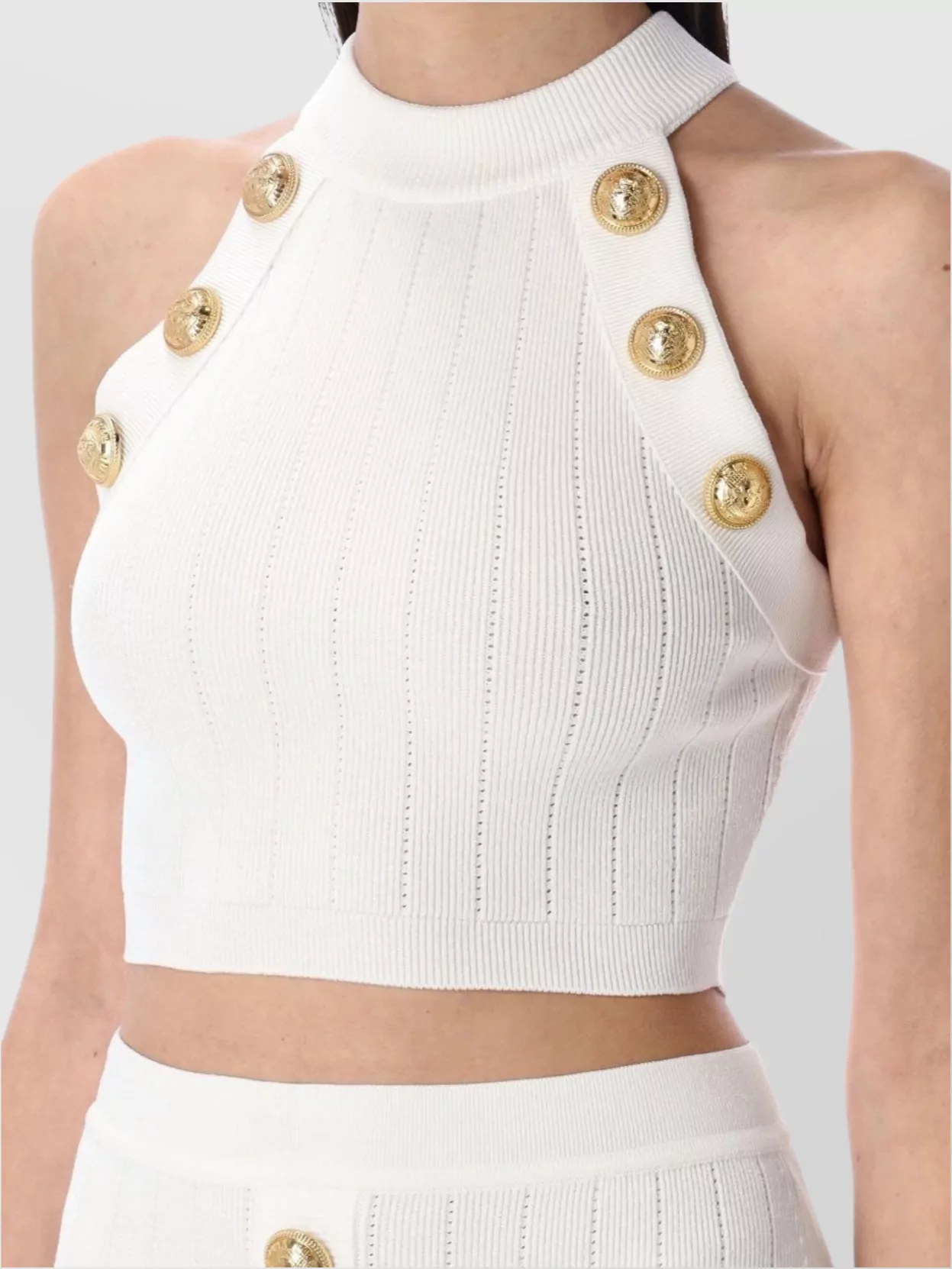BALMAIN RIBBED HALTER NECK TOP WITH GOLD BUTTONS