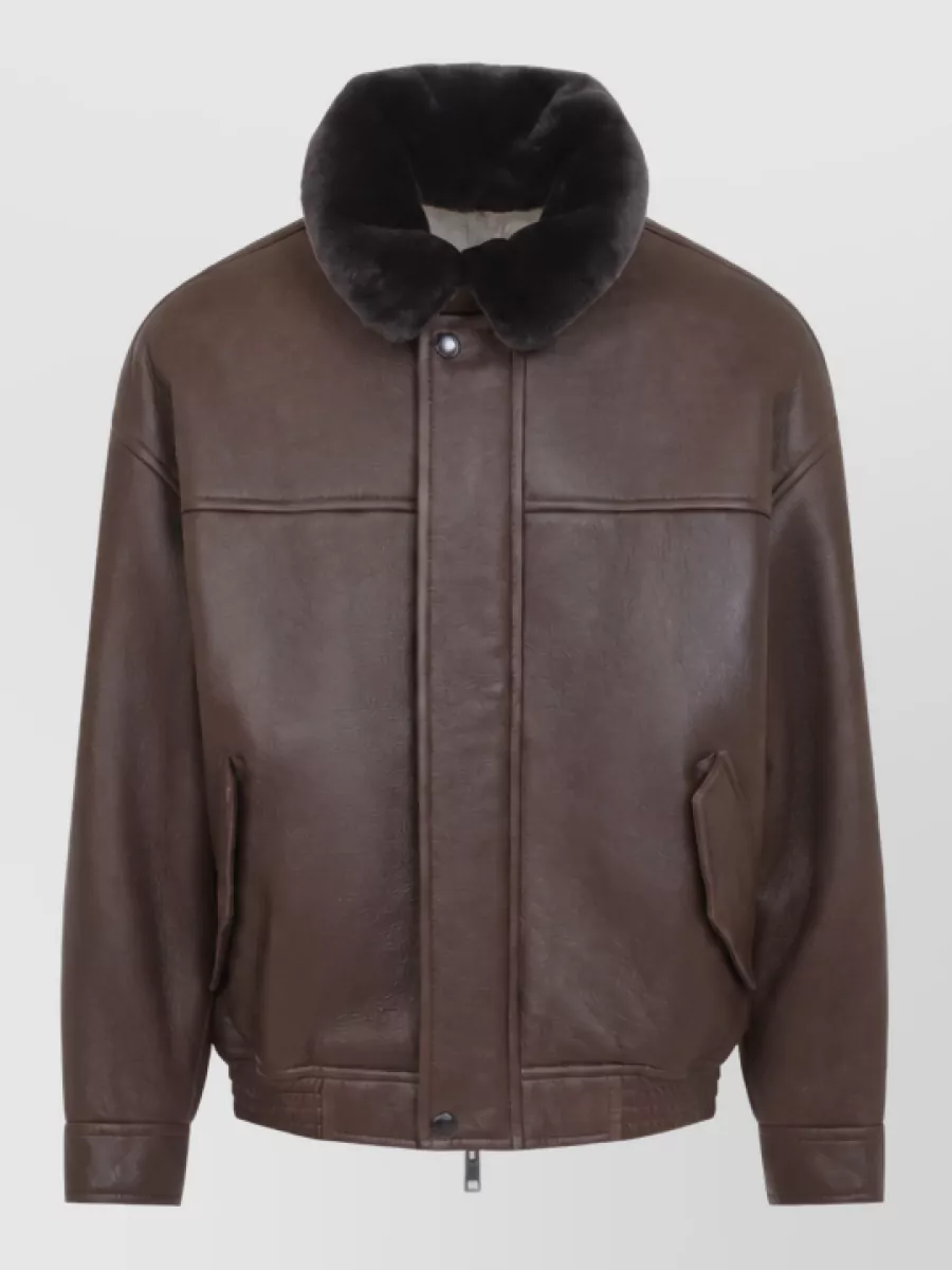 Yves Salomon leather shearling collar short jacket