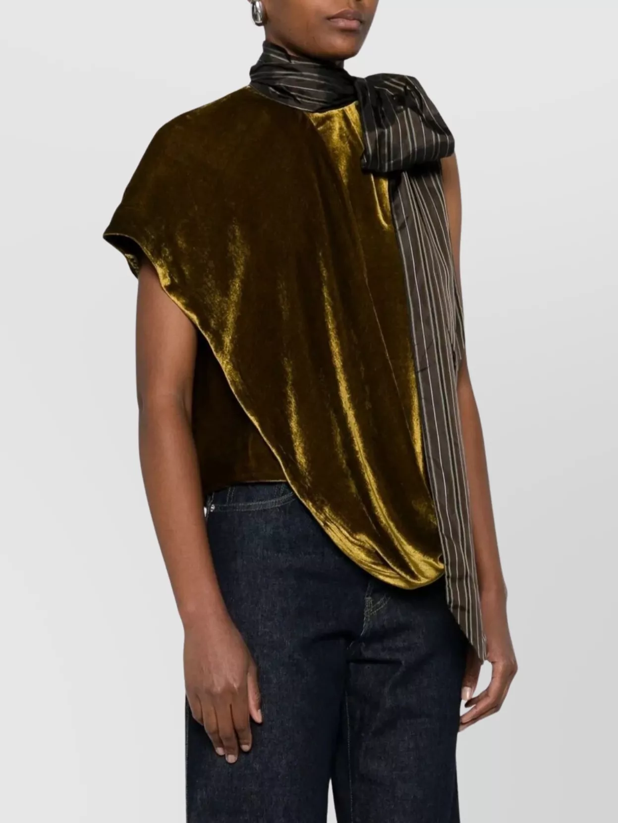 Dries Van Noten Asymmetric Sleeveless Velvet Top Bow In Green