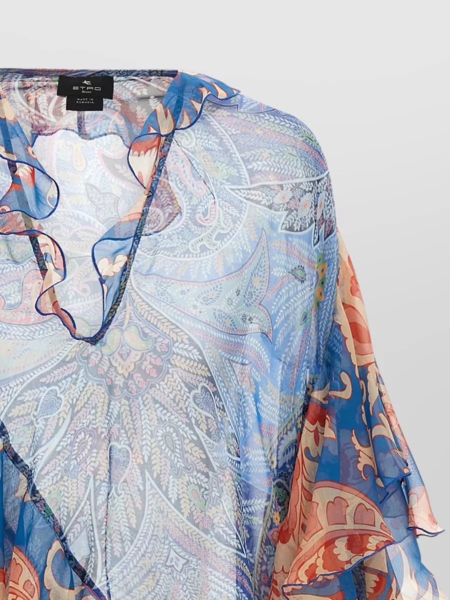 Etro Silk Floral-Print Ruffled V-Neck Long-Sleeve Blouse