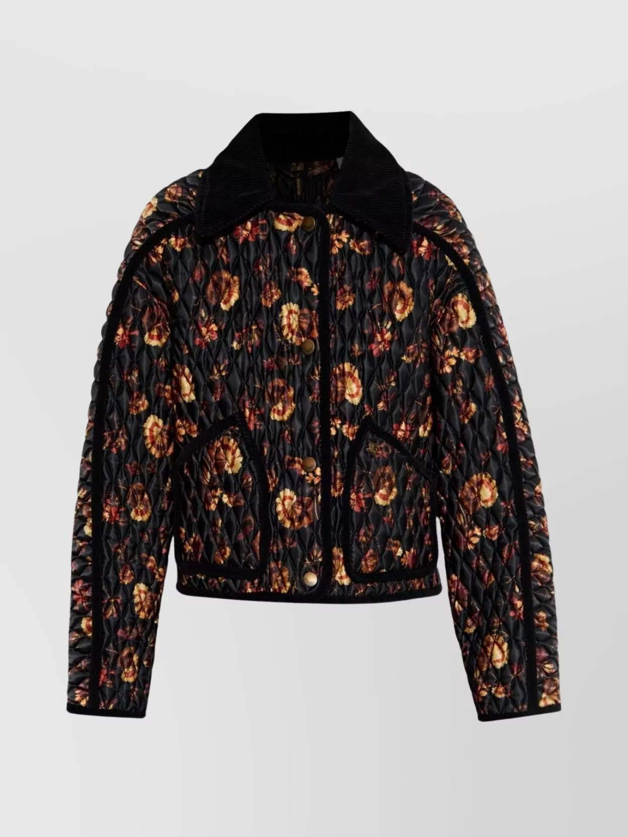 Burberry Floral Quilted Nylon Jacket With Corduroy Collar In Black
