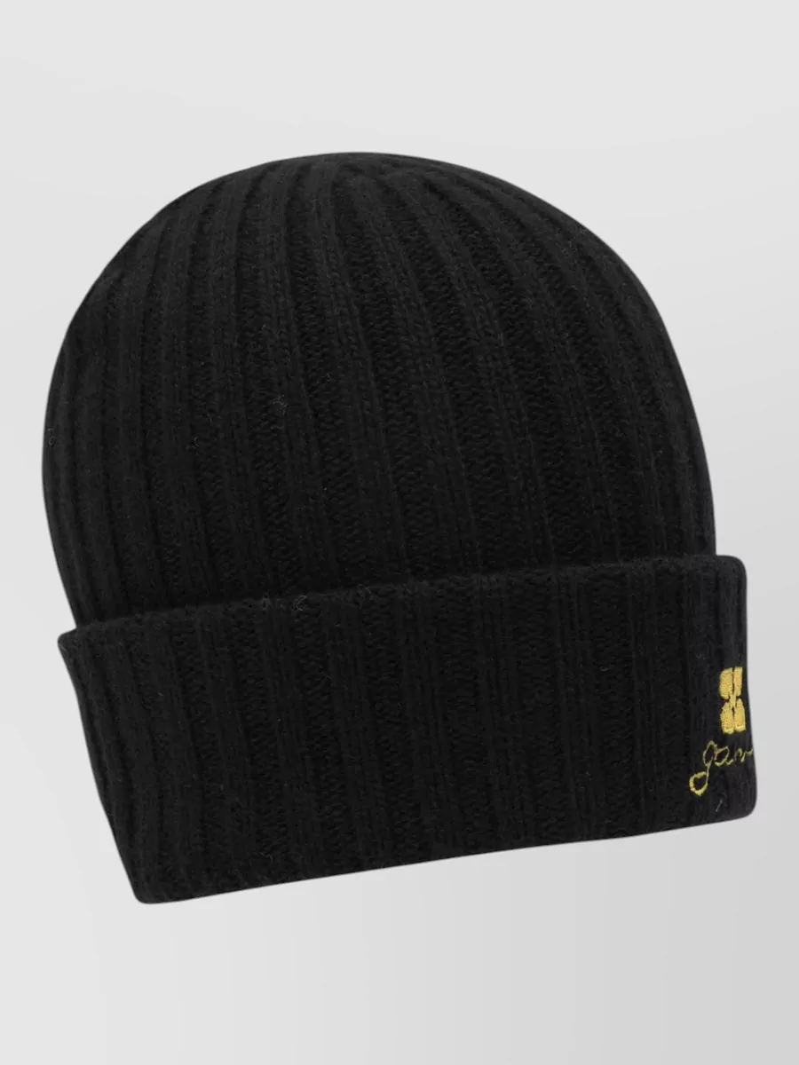 Ganni Wool Blend Beanie Hat Ribbed Cuff In Black