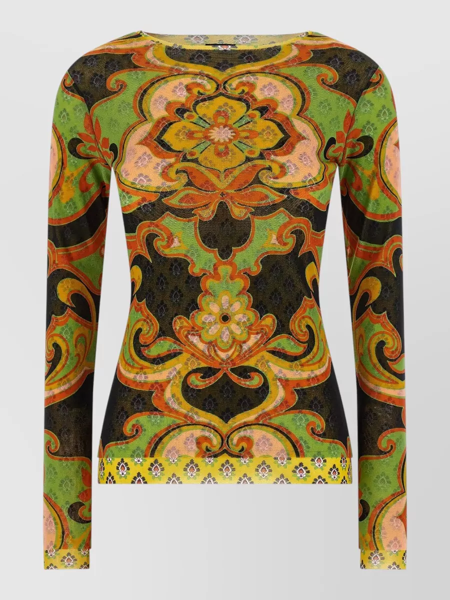 Etro asymmetric long-sleeve mesh top