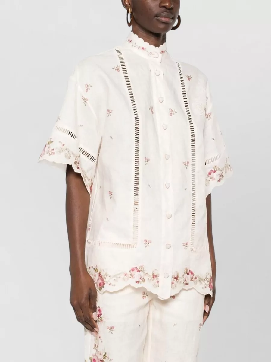 Zimmermann Floral Print Lace Trim Short Sleeve Linen Shirt