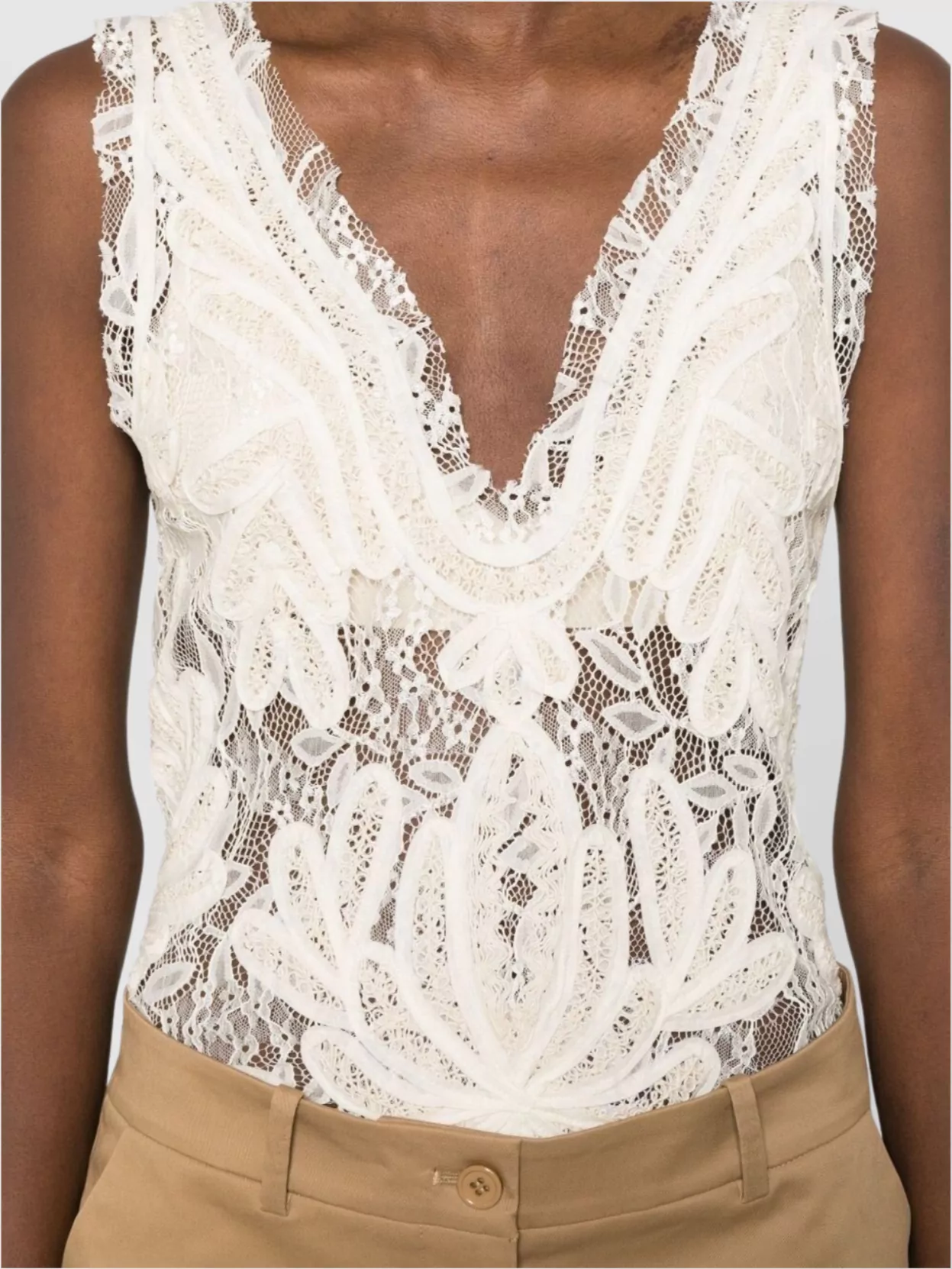 Parosh V-Neck Lace Sleeveless Floral Sheer Top