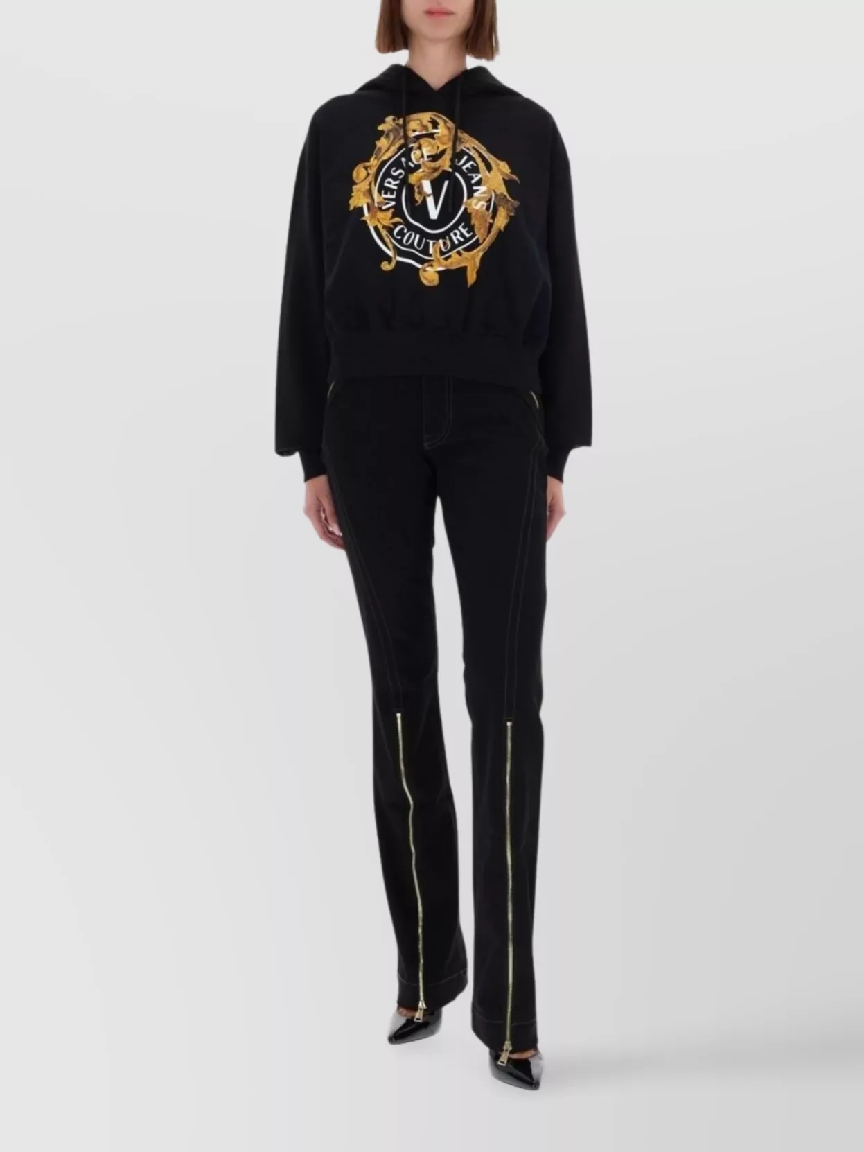 Versace Jeans Couture Hooded Knitwear With Long Sleeves And Cuffs In Black