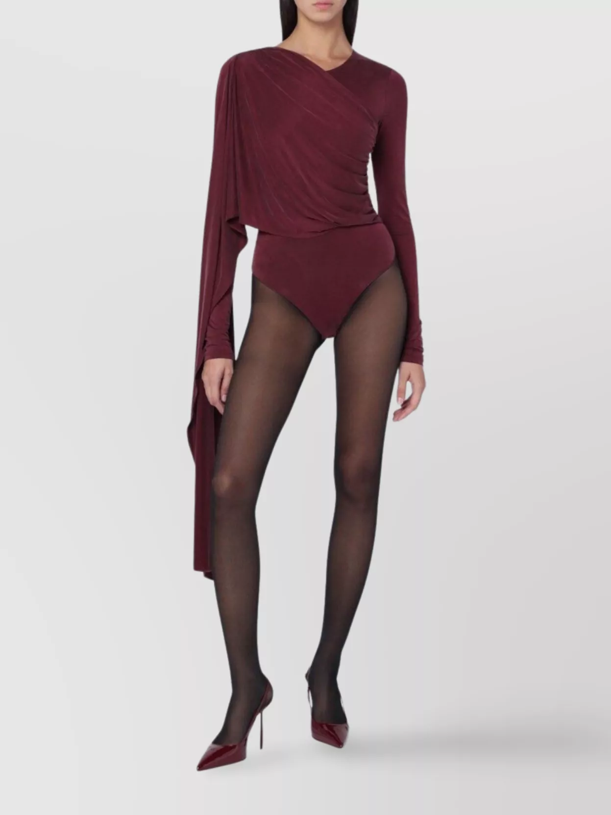 The Andamane Asymmetric Long Sleeve Bodysuit With Draped Detail In Brown