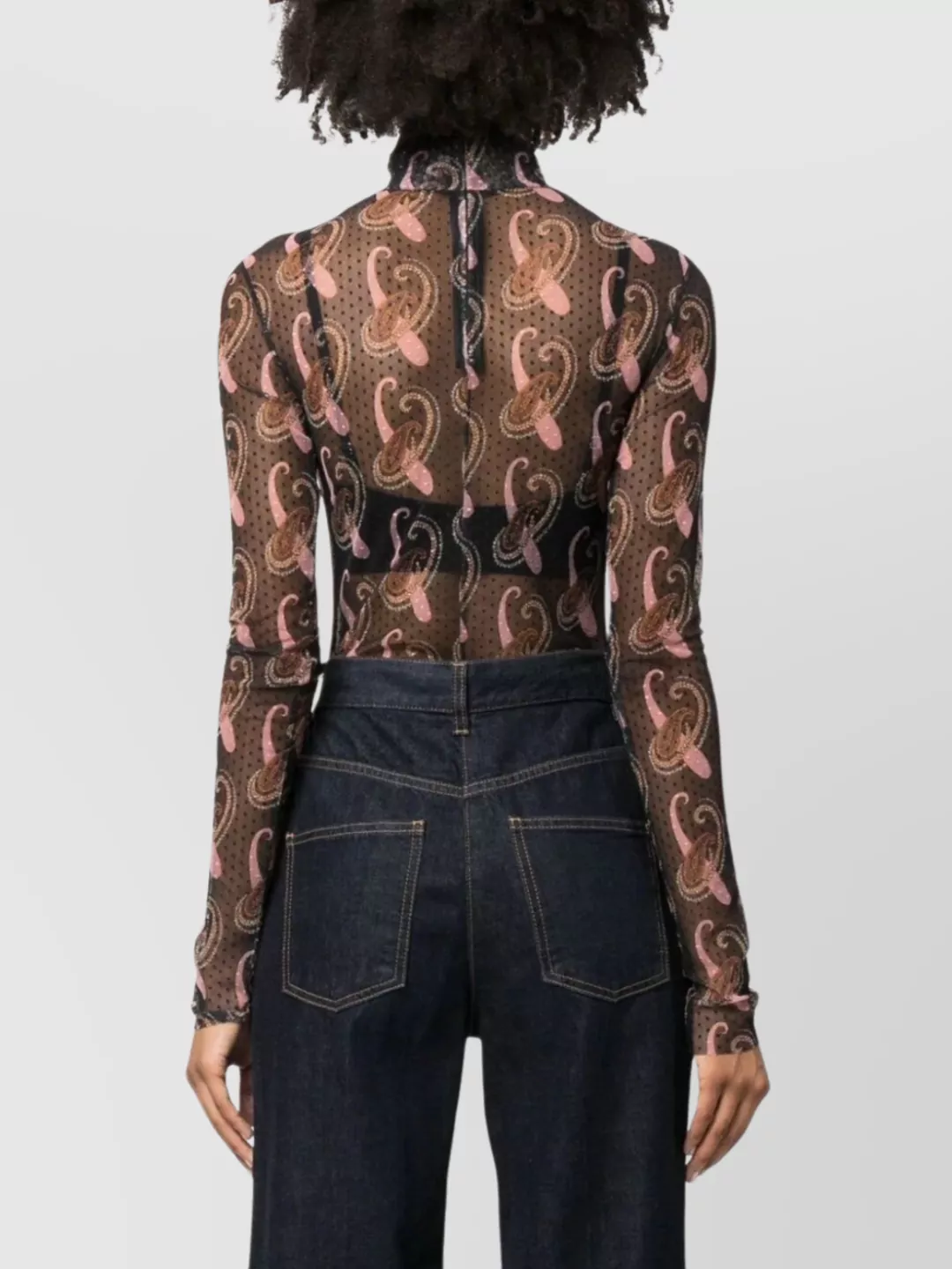 Etro Sheer Paisley Long Sleeve High Neck Top