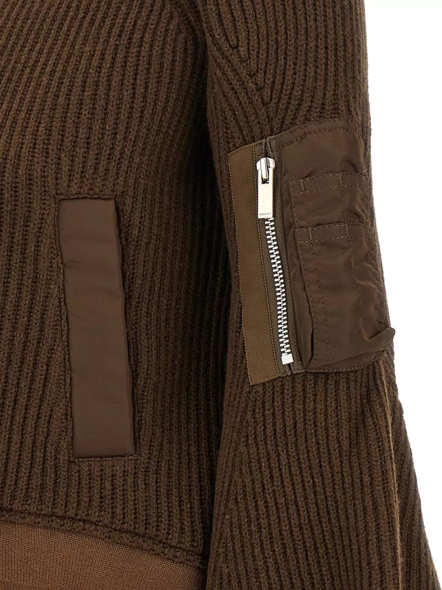 Sacai Wool Ribbed Cropped High Neck Zip Jumper