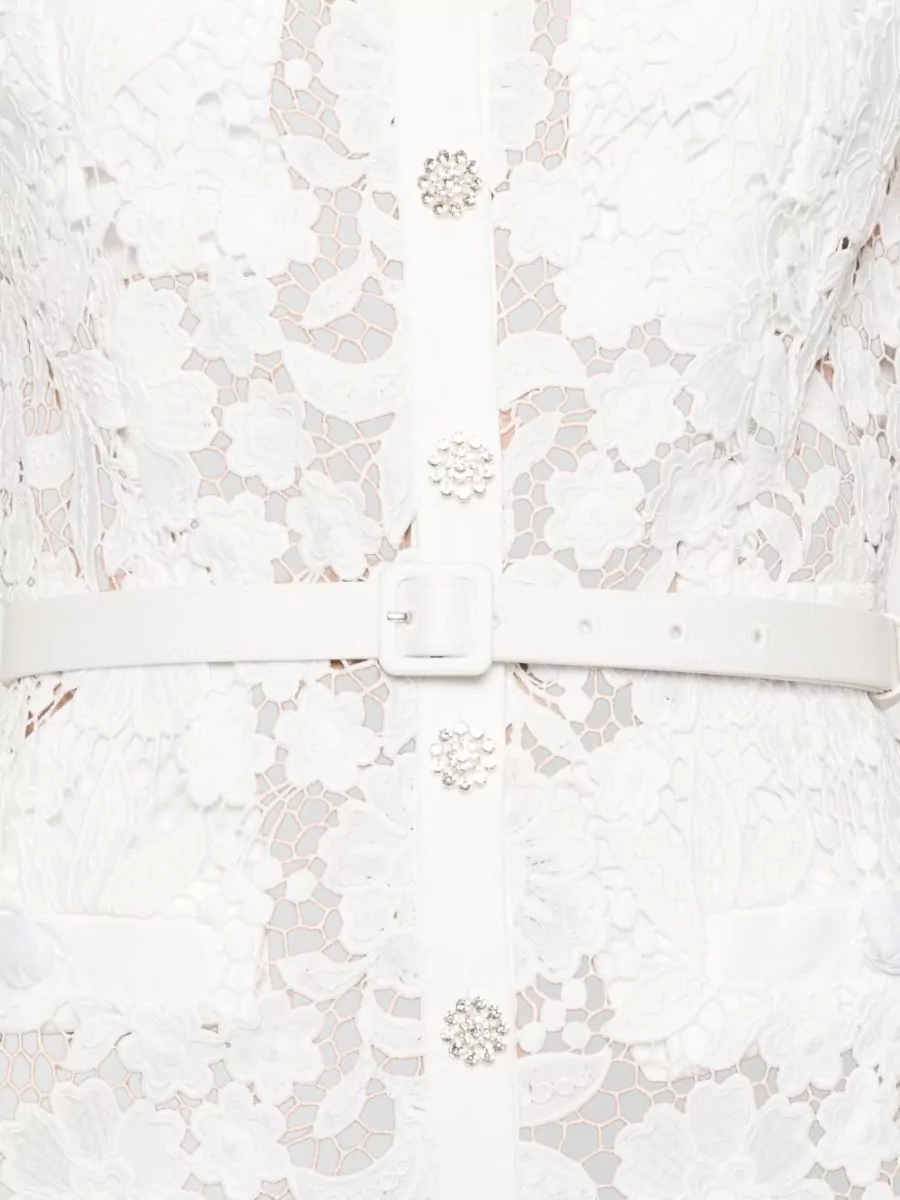 Self-Portrait Lace Collared Short-Sleeve Belted Flared Midi Dress