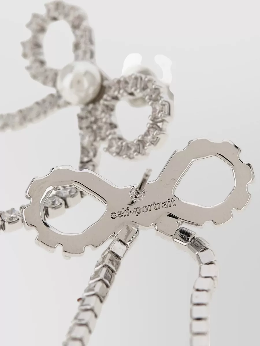 Self-Portrait Crystal Bow Long Drop Pearl Earrings