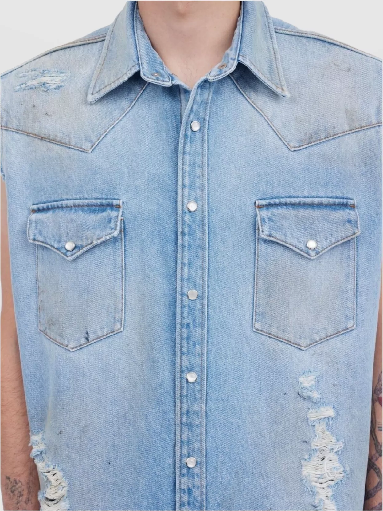 Mm6 Maison Margiela Distressed Denim Sleeveless Shirt With Chest Pockets