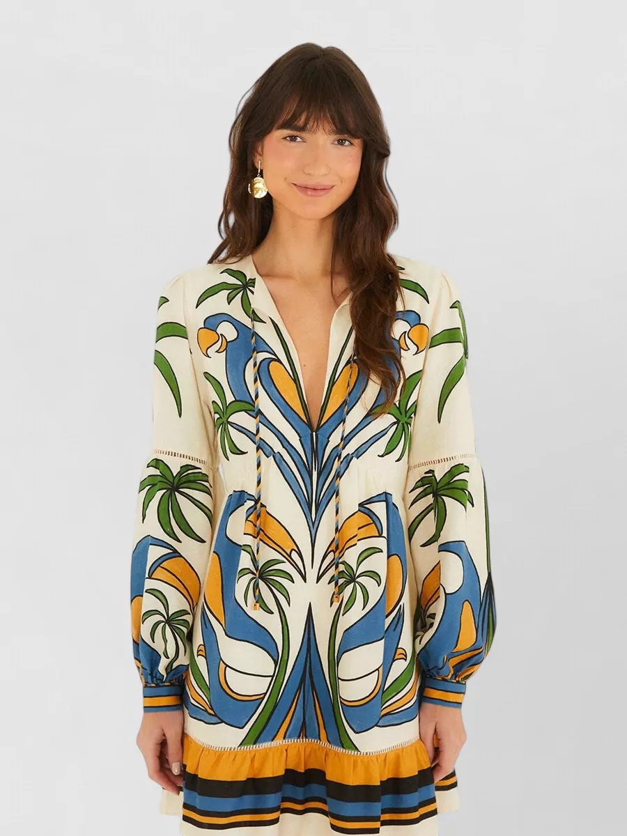 Farm Rio Printed V-Neck Long-Sleeve Mini Dress