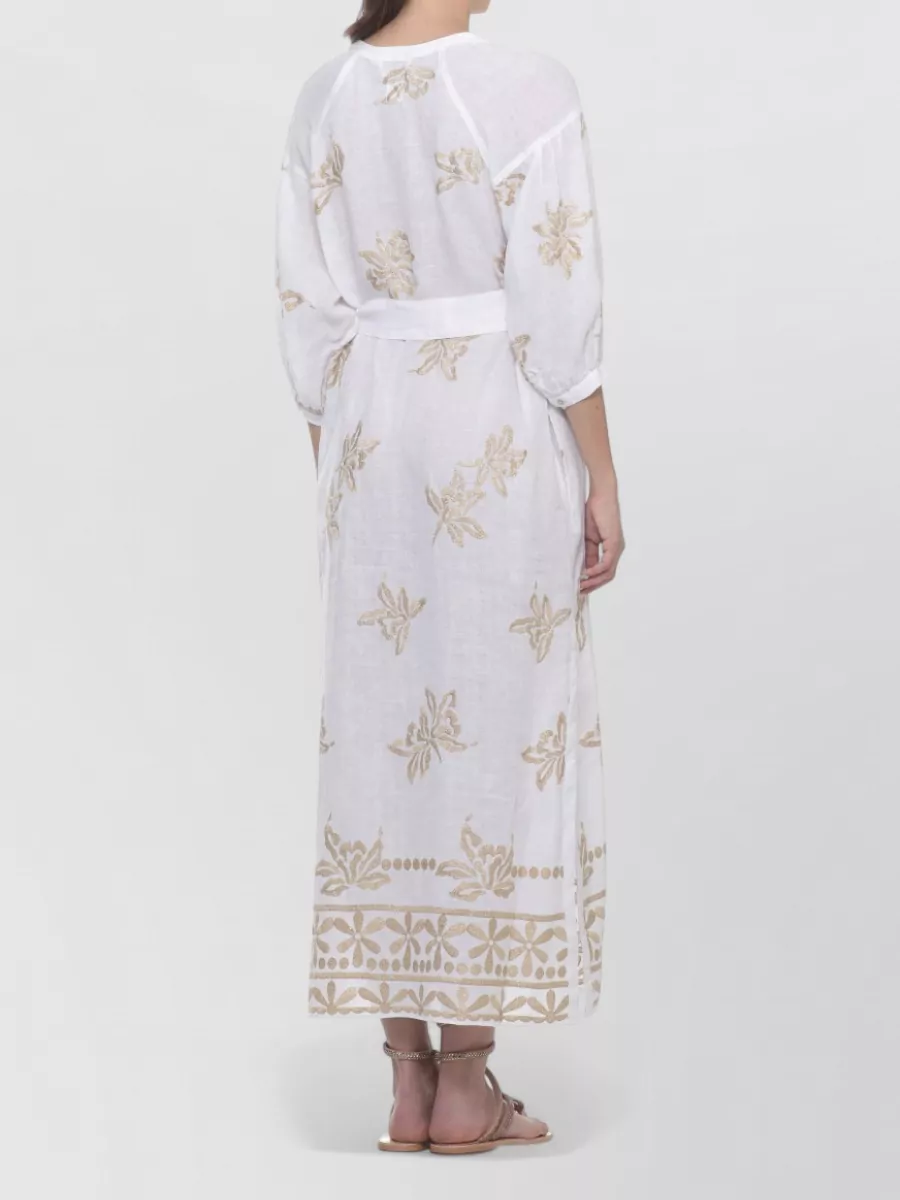 120% Lino Linen V-Neck 3/4-Sleeve Floral-Print Knee-Length Beach Cover-Up