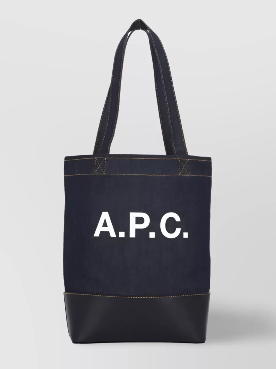 Shop Apc Logo Denim Tote Bag Leather Trim In Blue
