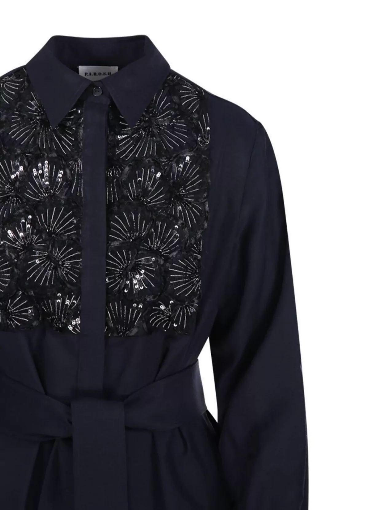 Parosh Waist Belted Front Embellished Long Sleeves Dress