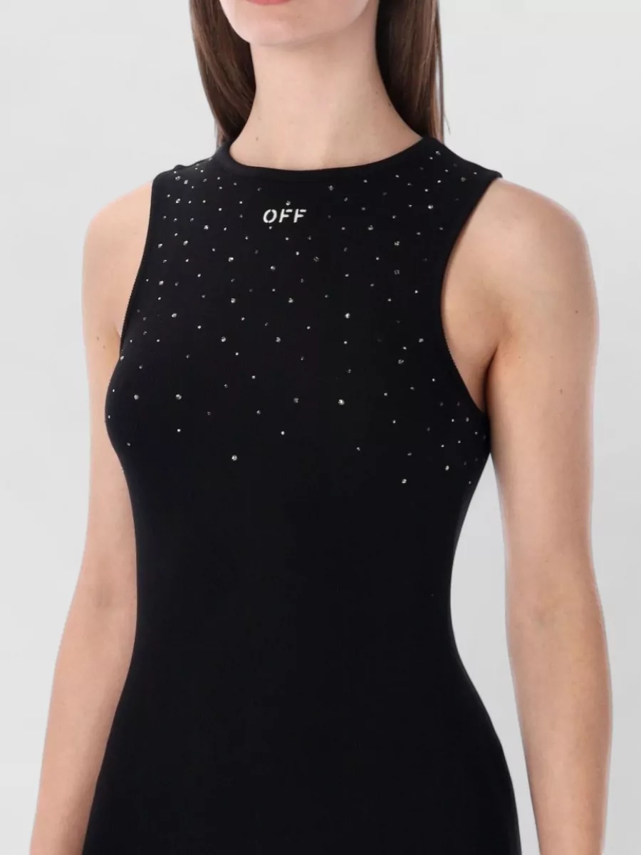 Off-White Ribbed Crystal-Embellished Sleeveless Mini Dress