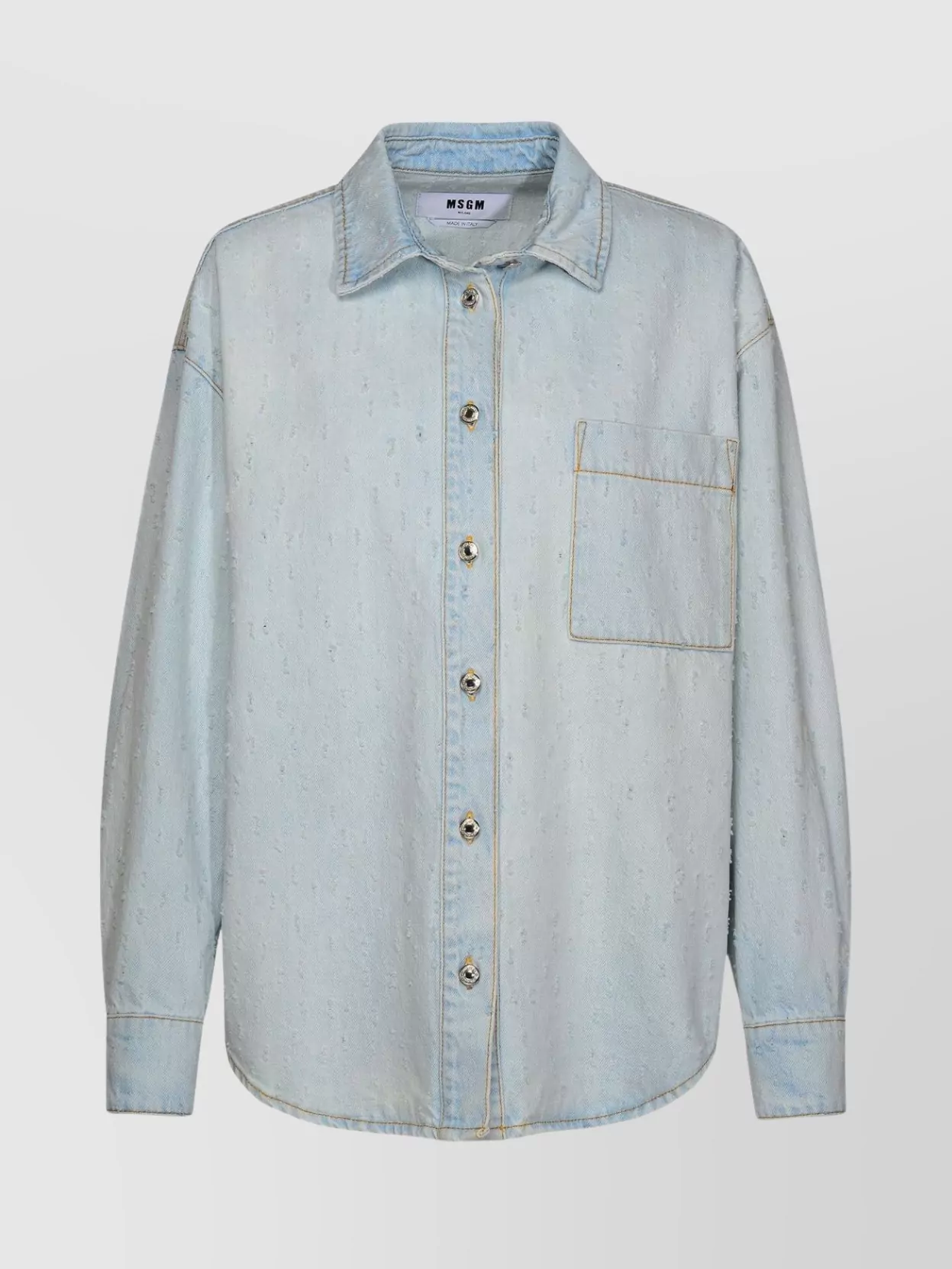 Shop Msgm Denim Shirt With Chest Pocket And Embroidered Design