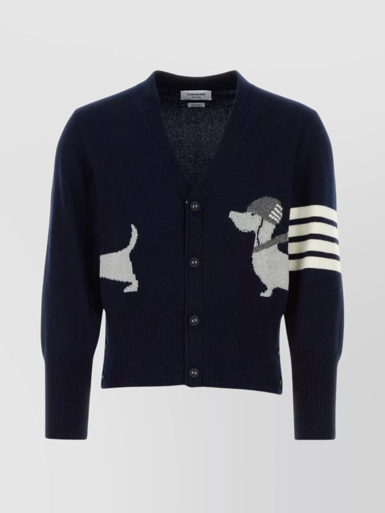 Shop Thom Browne Wool Cardigan With Graphic Print And Striped Sleeve Detail