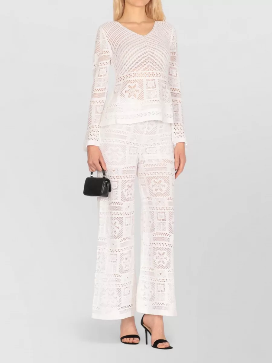 D.exterior Perforated Lace Knit V-Neck Long-Sleeve Sweater