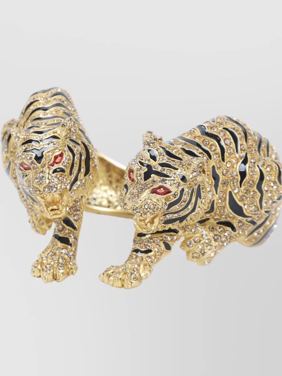 Roberto Cavalli Tiger Crystal Open Cuff Textured Bracelet