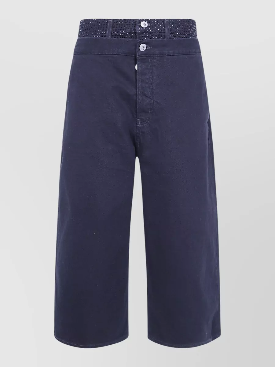 The Attico denim crystal embellished wide-leg cropped knee-length shorts