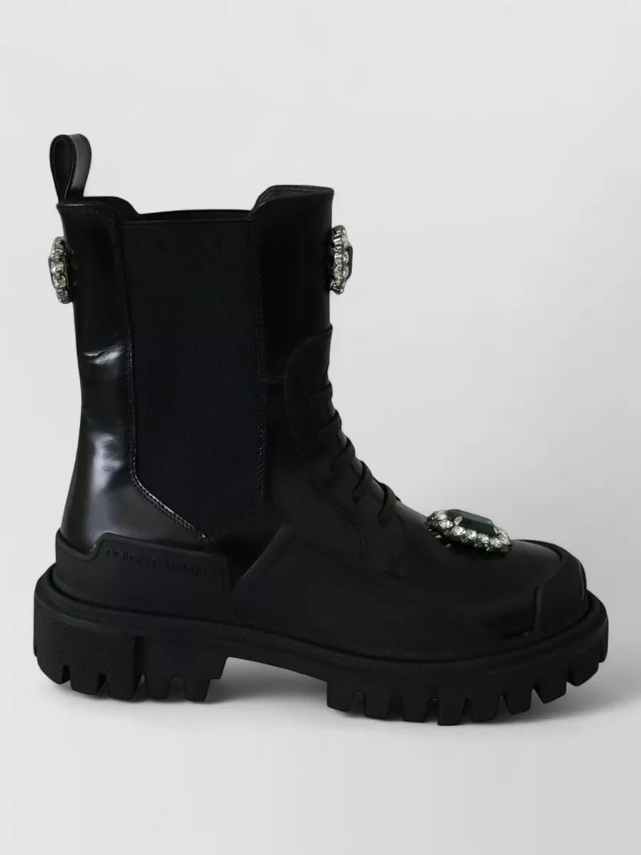 Dolce&Gabbana Leather Crystal-Embellished Combat Boots