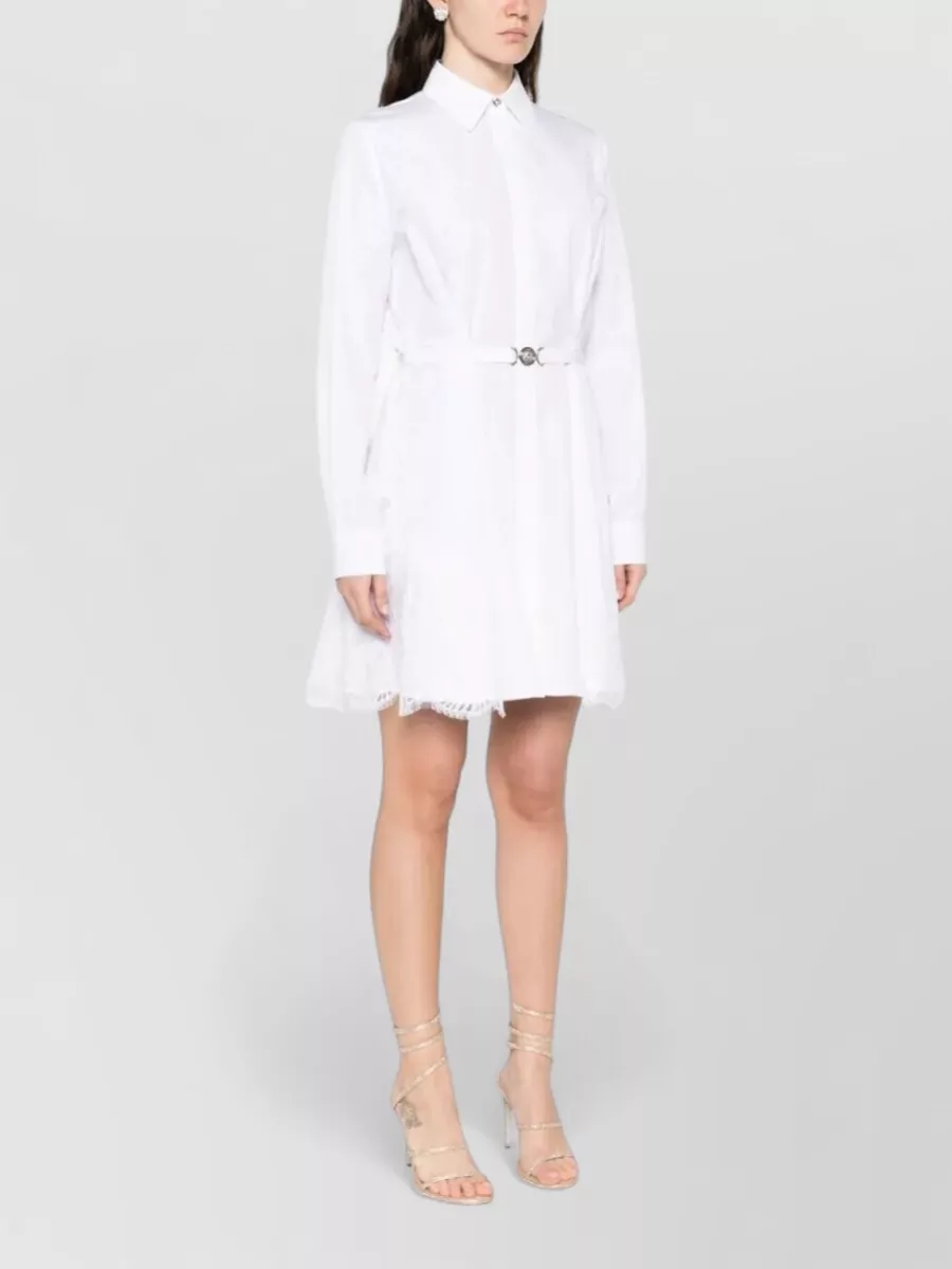Versace Cotton Shirt Dress Belt Lace Trim Sleeves
