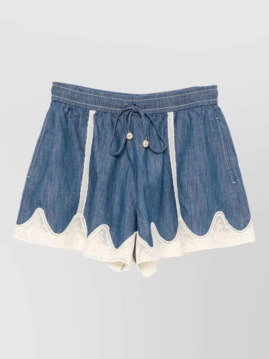 Zimmermann denim lace-panelled knee-length shorts